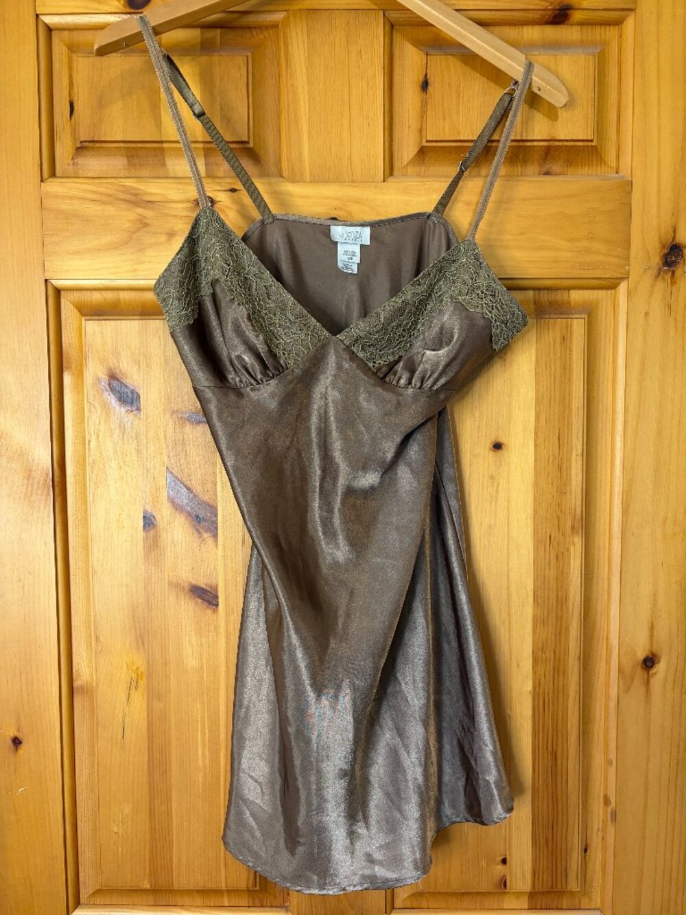Vintage La Senza Y2k Satin Slip Dress S Brown Lace Trim Babydoll